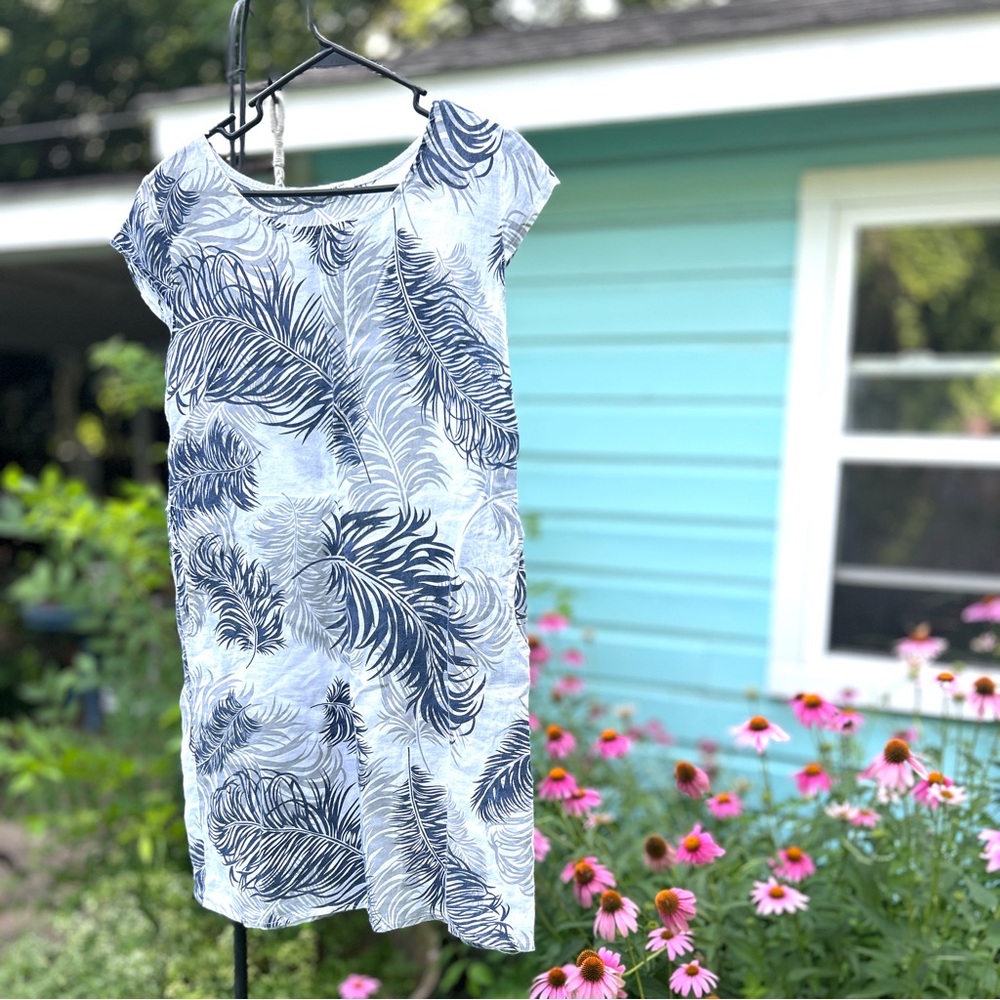 100% linen, made in Italy summer Tropical Leaf Print Dress